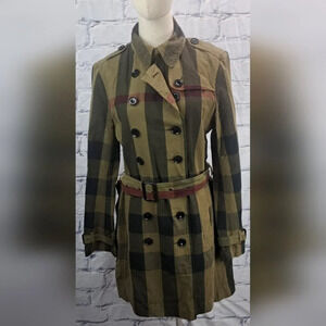 Burberry Womens Trench Coat Jacket Green Nova Check Cotton Linen Crombrook 8 US